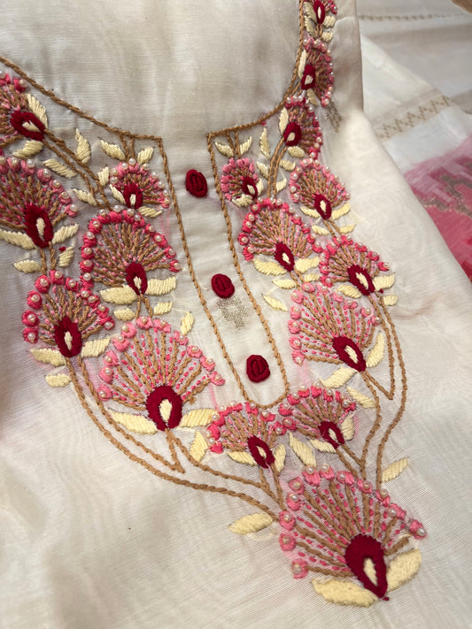 BEIGE & PINK COLOUR CHANDERI JAMDAMI UNSTITCHED SUIT