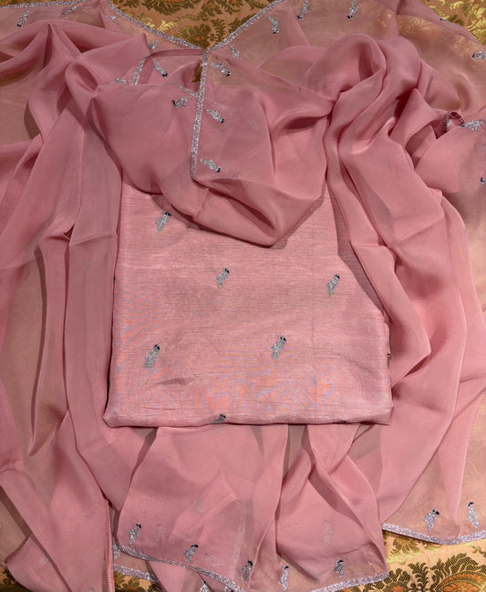 ROSE PINK PURE SILK UNSTITCHED SUIT SET WITH ORGANZA DUPATTA EMBELLISHED WITH SILVER ZARI EMBROIDERED FLAMINGO BIRD MOTIFS