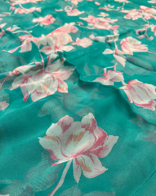 TURQUOISE COLOUR FLORAL PRINTED CHIFFON SAREE WITH CHINON BLOUSE - Kothari Sons