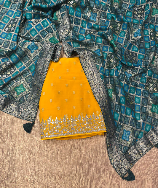 YELLOW COLOUR JEORGETTE UNSTITCHED SUIT WITH GOTA PATTI WORK