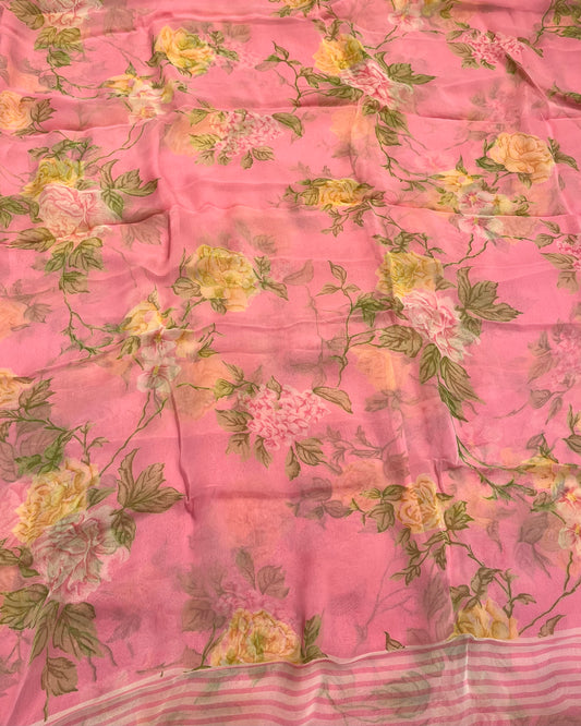 PINK FLORAL PRINTED CHIFFON SAREE WITH CHINON BLOUSE - Kothari Sons