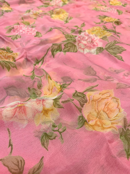 PINK FLORAL PRINTED CHIFFON SAREE WITH CHINON BLOUSE - Kothari Sons