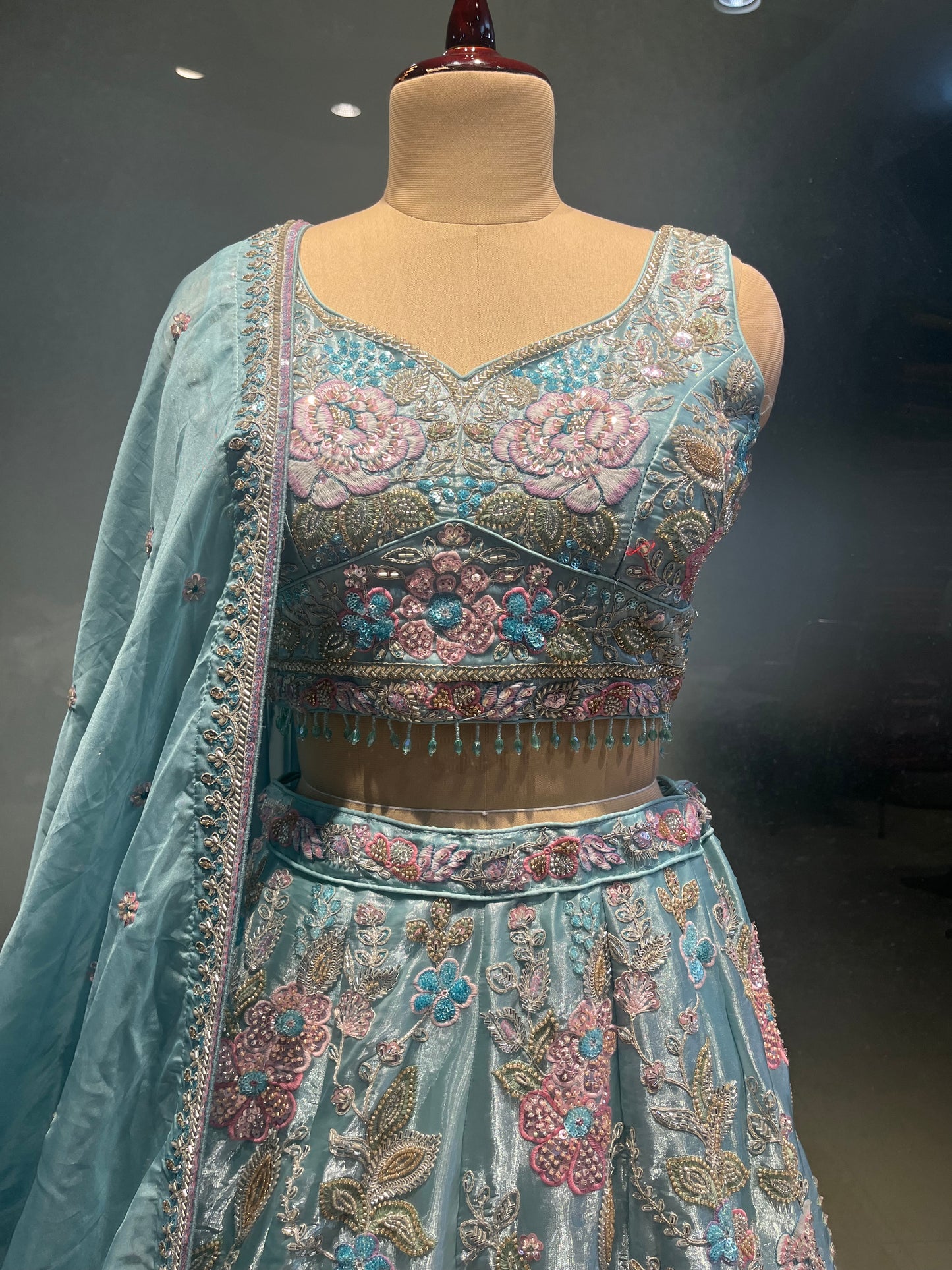 MULTI  COLOUR EMBROIDERED GLASS TISSUE LEHNGA WITH READYMADE EMBROIDERED BLOUSE ( Delivered in 30 Days )