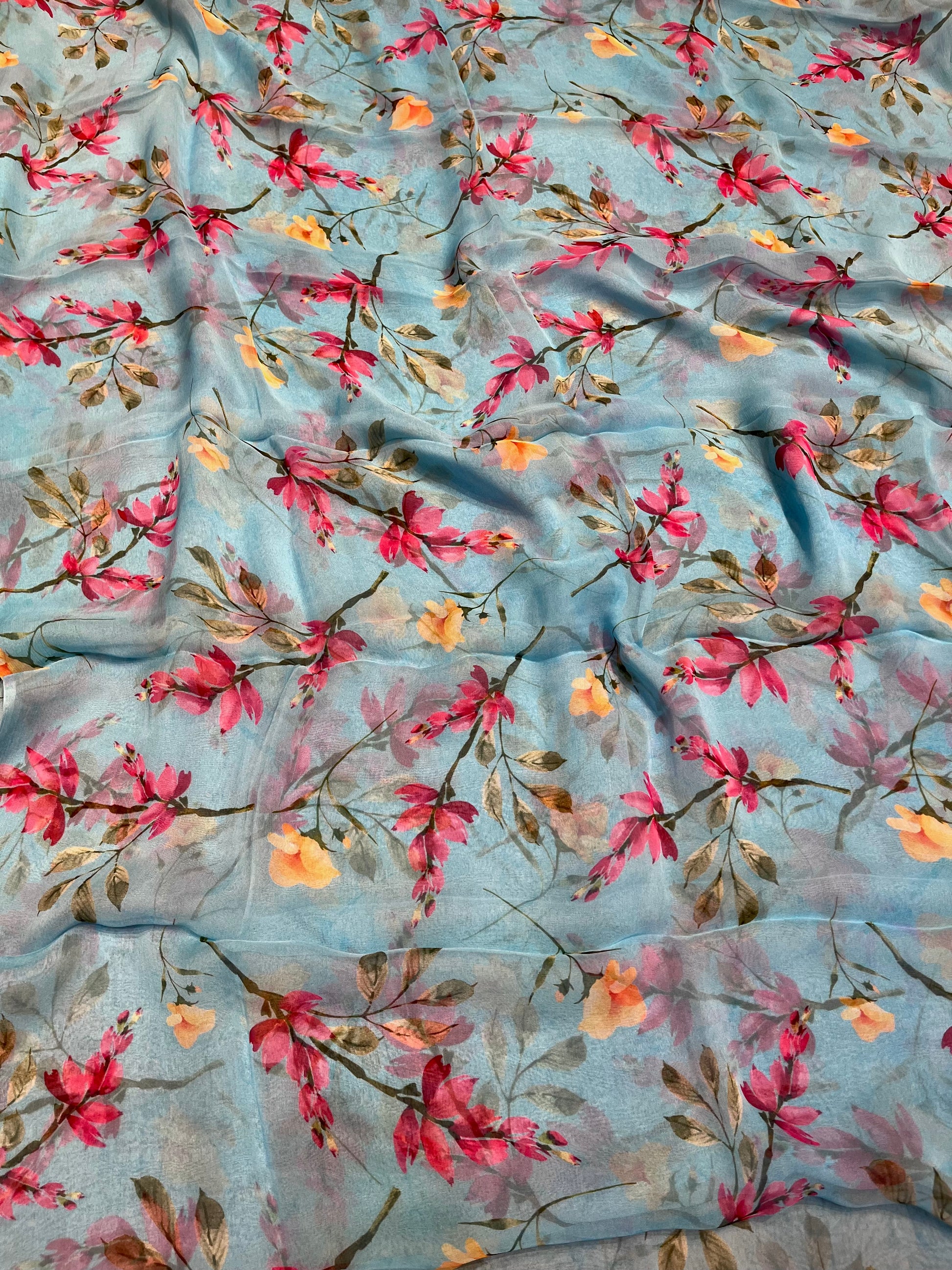 SLY BLUE FLORAL PRINTED CHIFFON SAREE WITH CHINON BLOUSE - Kothari Sons