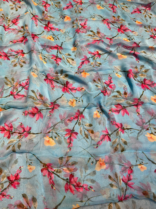 SLY BLUE FLORAL PRINTED CHIFFON SAREE WITH CHINON BLOUSE - Kothari Sons
