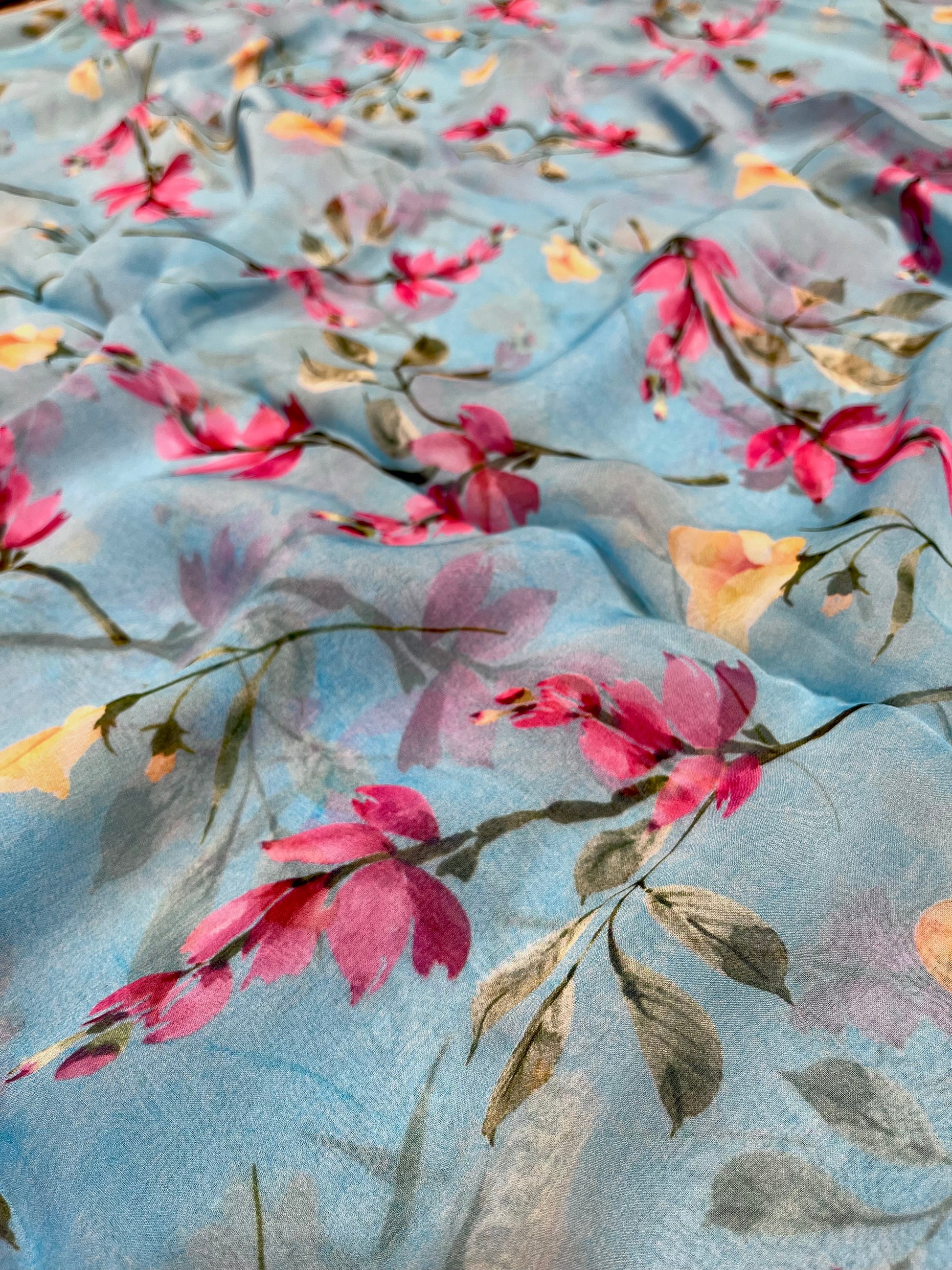 SLY BLUE FLORAL PRINTED CHIFFON SAREE WITH CHINON BLOUSE - Kothari Sons