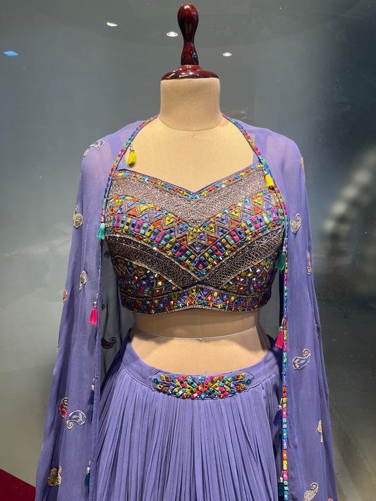 PURPLE COLOUR GEORGETTE LEHNGA AND LONG SHRUG WITH MIRROR WORK EMBROIDERY