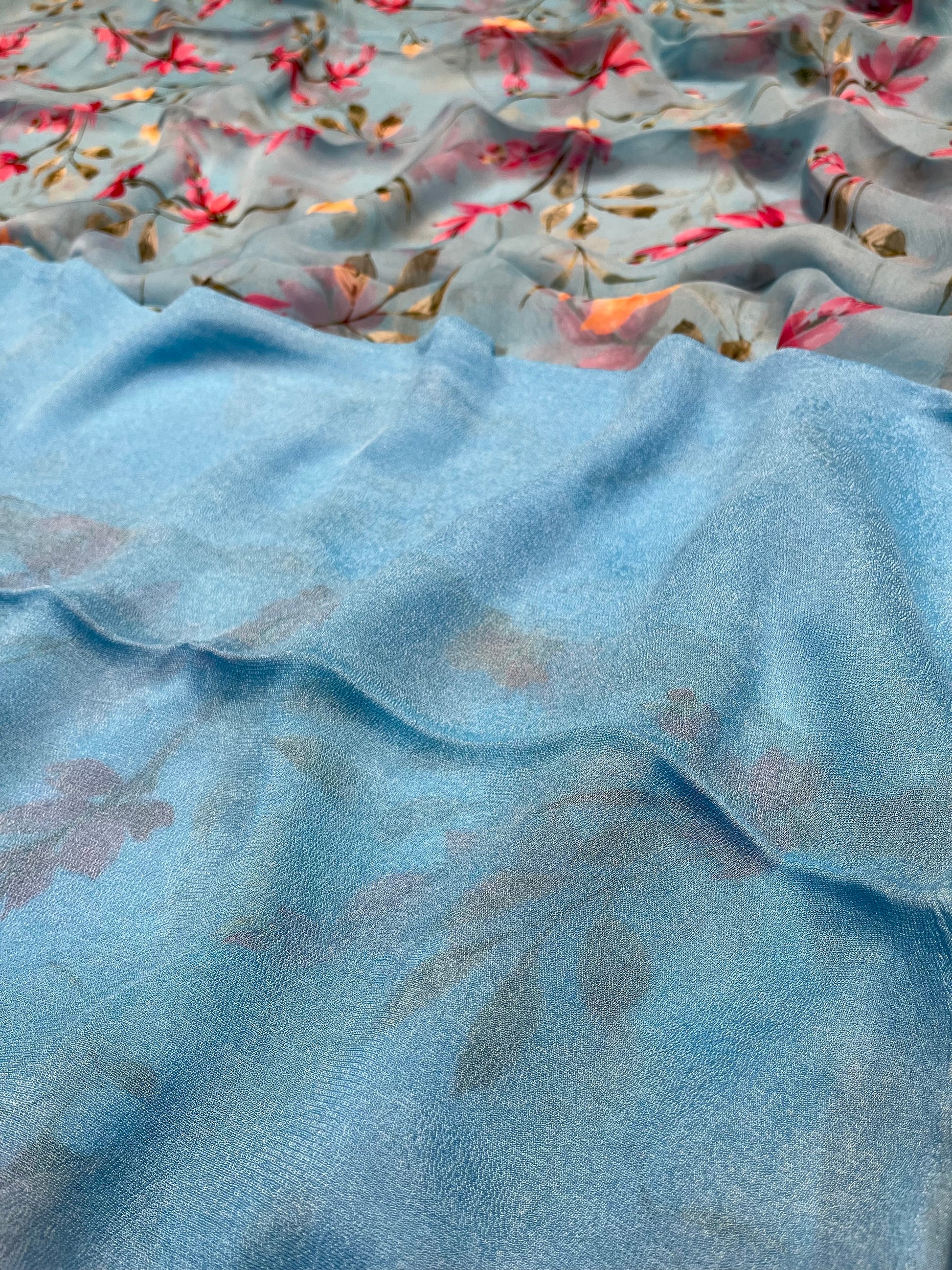 SLY BLUE FLORAL PRINTED CHIFFON SAREE WITH CHINON BLOUSE - Kothari Sons