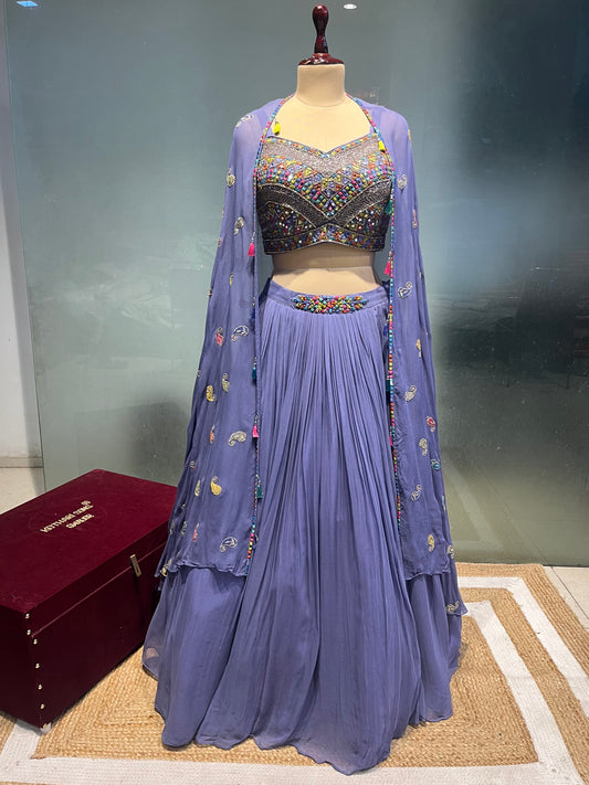 PURPLE COLOUR GEORGETTE LEHNGA AND LONG SHRUG WITH MIRROR WORK EMBROIDERY