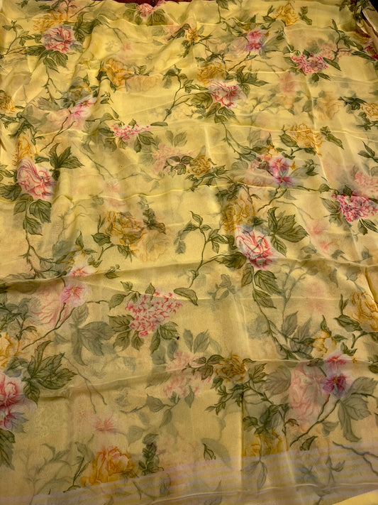 PASTEL YELLOW COLOUR FLORAL PRINTED CHIFFON SAREE WITH CHINON BLOUSE - Kothari Sons