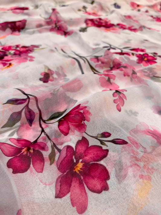 PASTEL PINK COLOUR FLORAL PRINTED CHIFFON SAREE WITH CINON BLOUSE - Kothari Sons