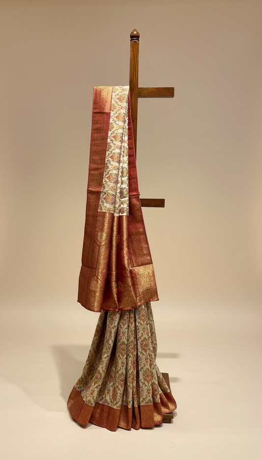 IVORY COLOUR GEORGETTE SILK SAREE WITH ZARI BORDER PALLA AND RANGKAT BLOCK MOTIFS HIGHLIGHTED WITH EMBROIDERY