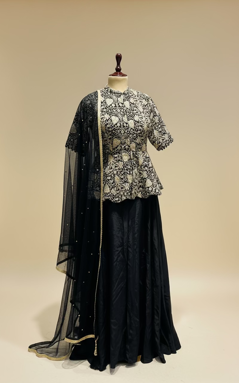 BLACK EMBROIDERED PEPLUM JACKET WITH CHINON PALAZZO AND NET DUPATTA