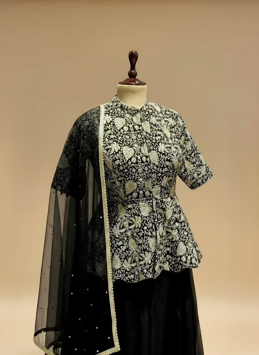 BLACK EMBROIDERED PEPLUM JACKET WITH CHINON PALAZZO AND NET DUPATTA