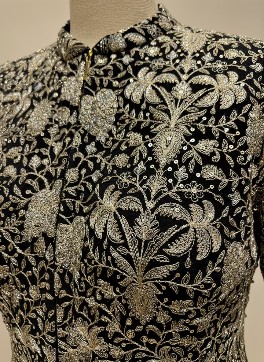 BLACK EMBROIDERED PEPLUM JACKET WITH CHINON PALAZZO AND NET DUPATTA