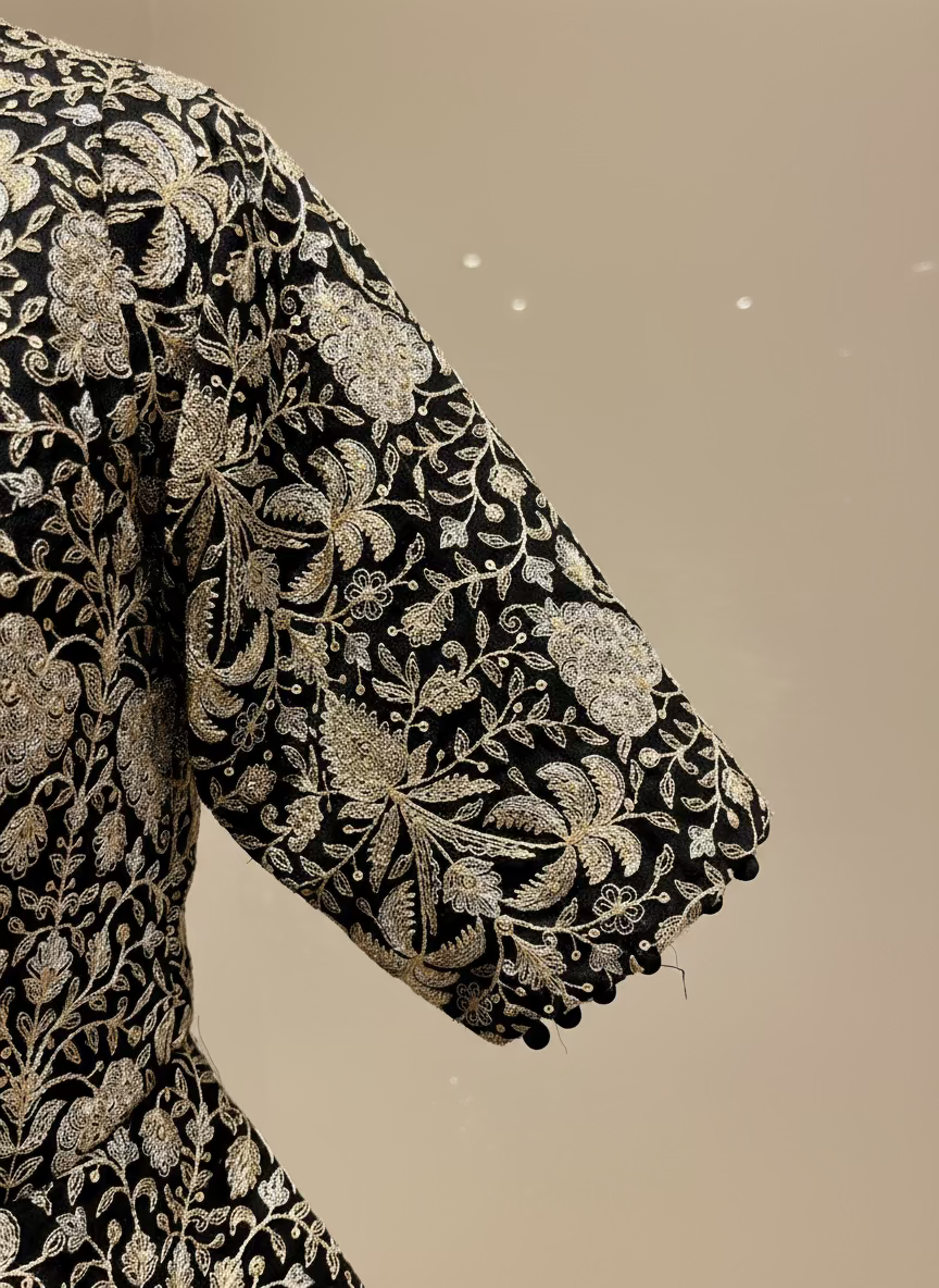 BLACK EMBROIDERED PEPLUM JACKET WITH CHINON PALAZZO AND NET DUPATTA