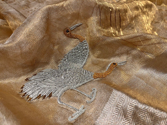 GOLDEN COLOUR MACLINO HAND EMBROIDERED SAREE EMBELLISHED WITH ZARDOSI WORK