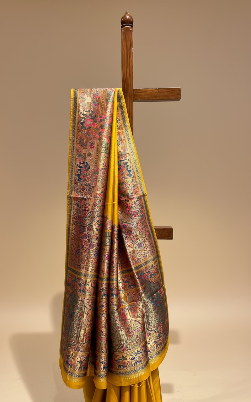 MUSTARD COLOUR WOVEN PICHWAI ART PLANT-BASED SILK SAREE WITH RICH ZARI WORK IN BORDER, PALLA AND BLOUSE