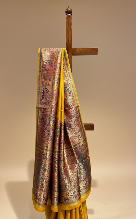 MUSTARD COLOUR WOVEN PICHWAI ART PLANT-BASED SILK SAREE WITH RICH ZARI WORK IN BORDER, PALLA AND BLOUSE