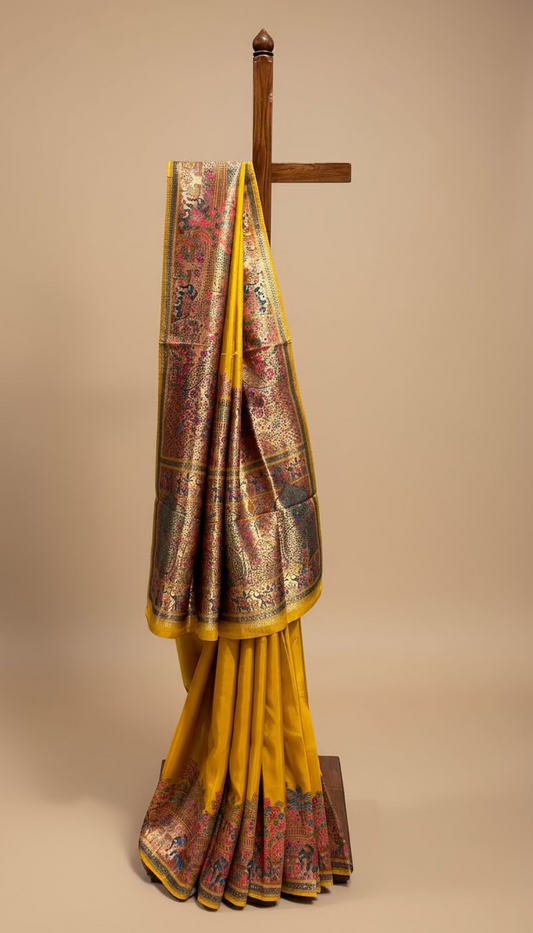 MUSTARD COLOUR WOVEN PICHWAI ART PLANT-BASED SILK SAREE WITH RICH ZARI WORK IN BORDER, PALLA AND BLOUSE