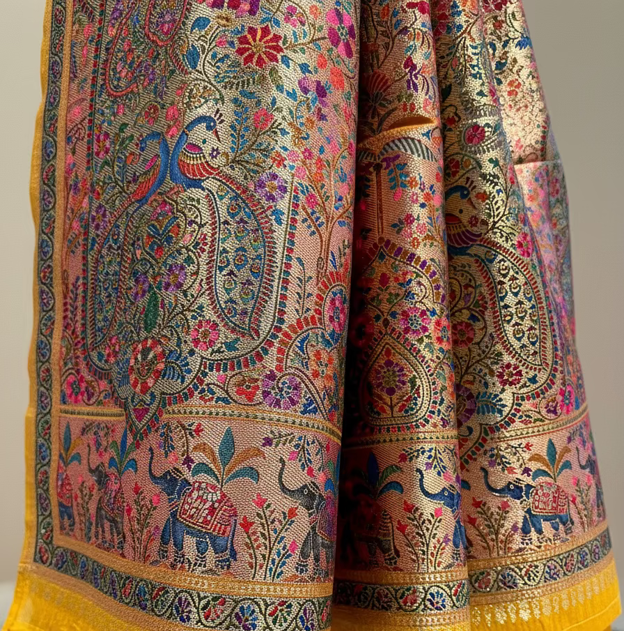 MUSTARD COLOUR WOVEN PICHWAI ART PLANT-BASED SILK SAREE WITH RICH ZARI WORK IN BORDER, PALLA AND BLOUSE