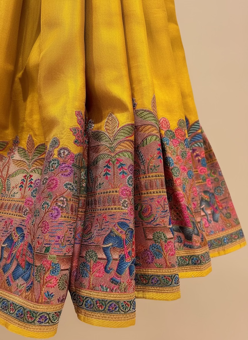 MUSTARD COLOUR WOVEN PICHWAI ART PLANT-BASED SILK SAREE WITH RICH ZARI WORK IN BORDER, PALLA AND BLOUSE