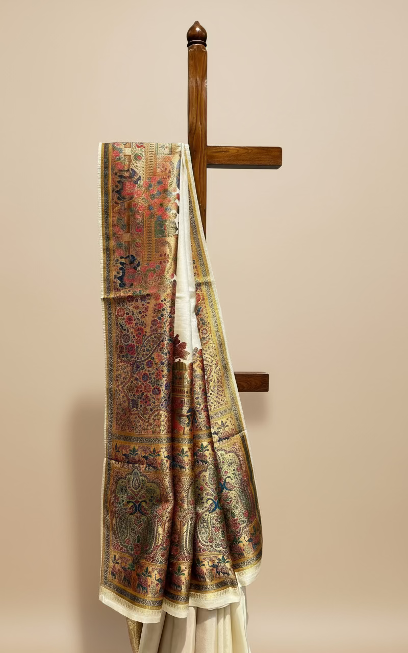 IVORY COLOUR WOVEN PICHWAI ART PLANT-BASED SILK SAREE WITH RICH ZARI WORK IN BORDER, PALLA AND BLOUSE