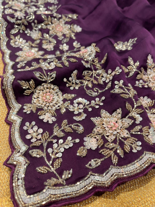 PURPLE COLOUR SATIN SILK EMBROIDERED SAREE EMBELLISHED WITH CUTDANA & SEQUINS WORK