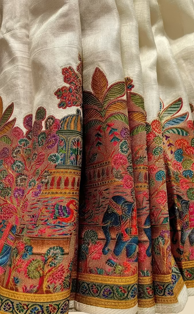 IVORY COLOUR WOVEN PICHWAI ART PLANT-BASED SILK SAREE WITH RICH ZARI WORK IN BORDER, PALLA AND BLOUSE