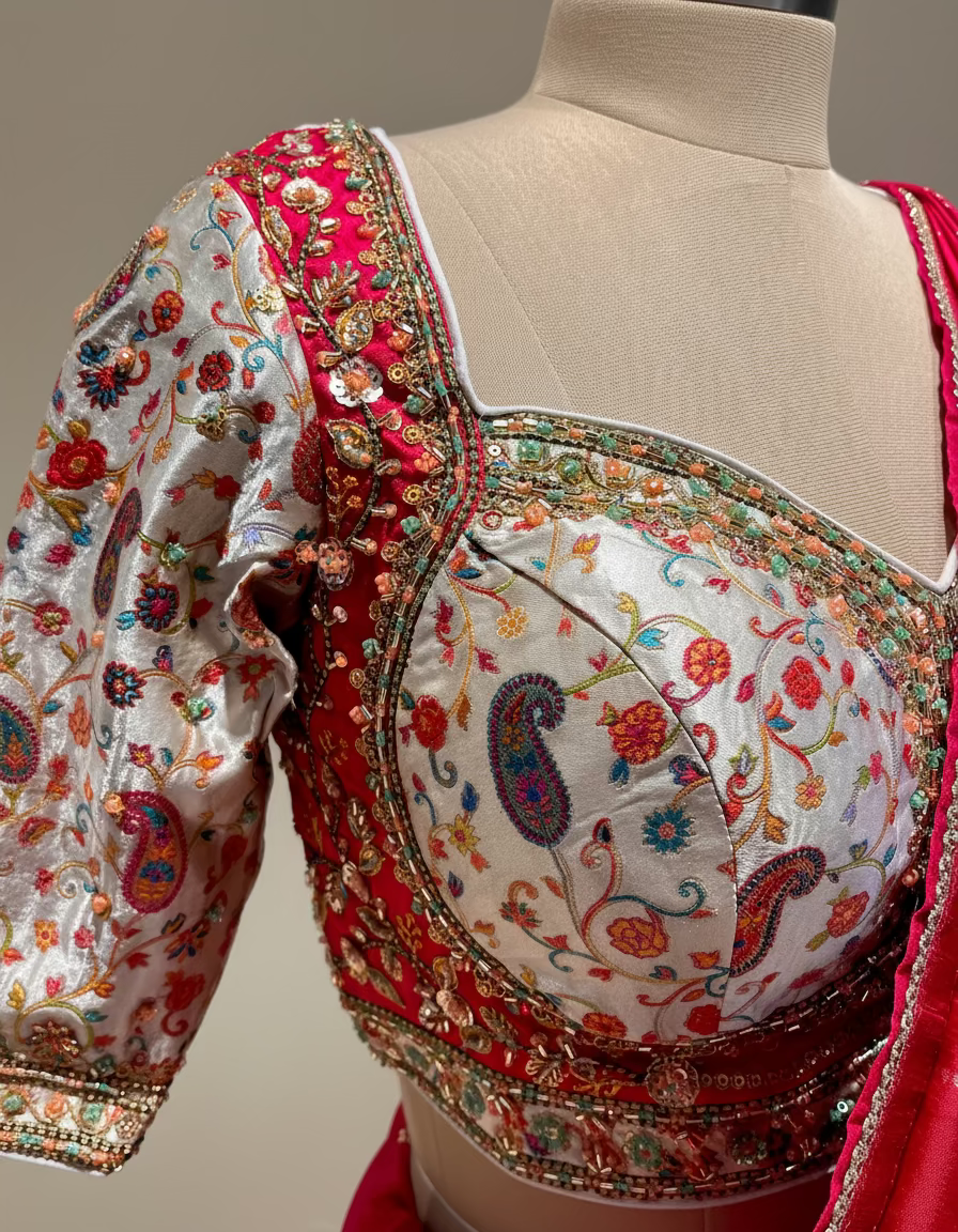 RANI COLOUR PLANT-BASED SILK SAREE WITH WOVEN ZARI BORDER, BOOTIES, PALLA & KASHMIRI KANI READYMADE BLOUSE