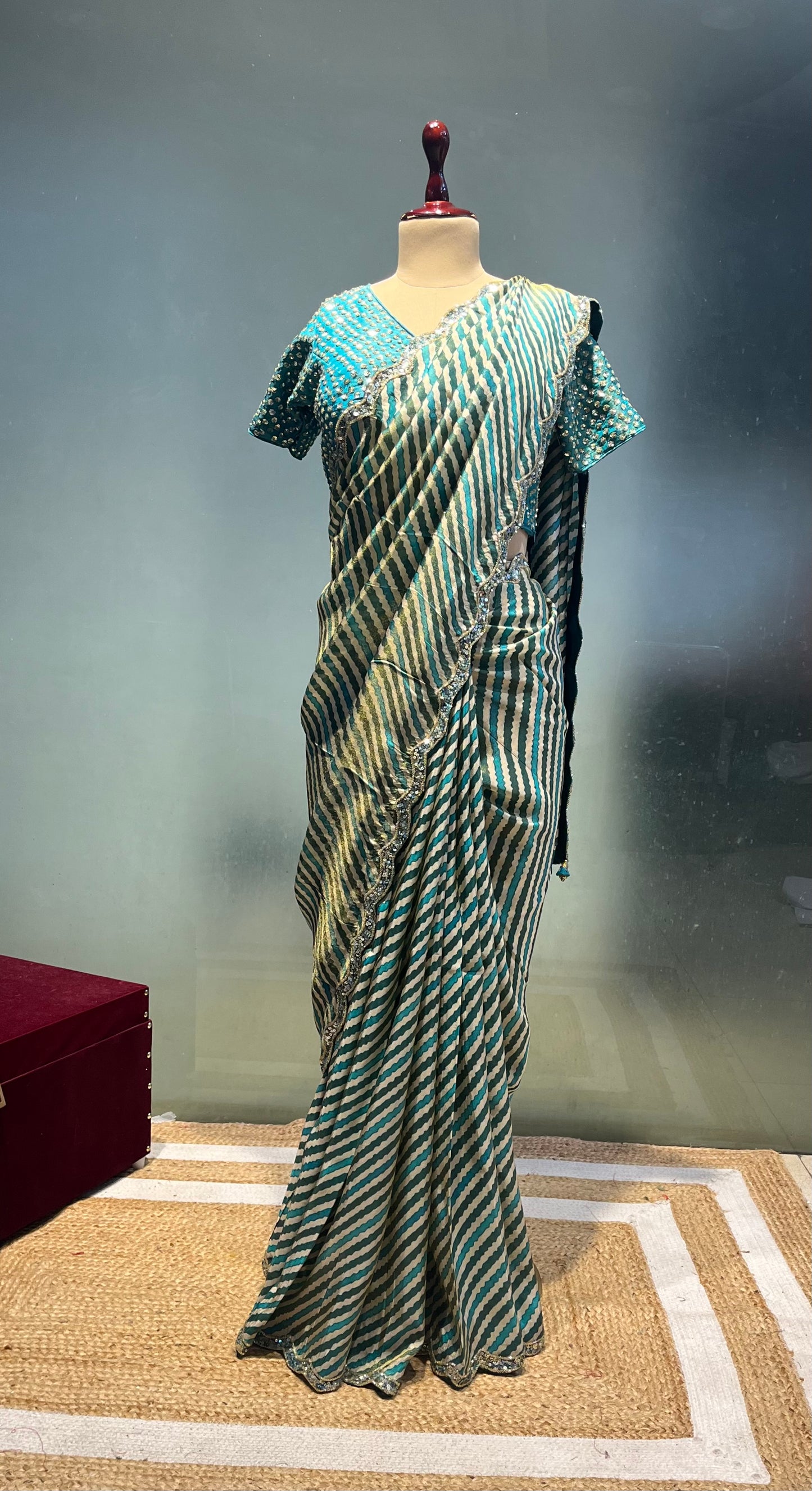 RAMA GREEN COLOUR GEORGETTE TISSUE SAREE EMBELLISHED WITH SEQUINS & BEADS WORK READYMADE BLOUSE