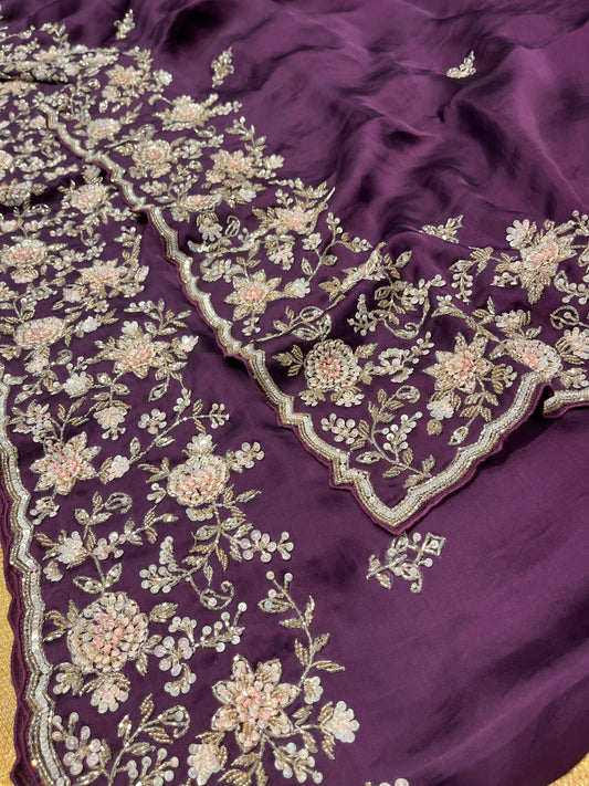 PURPLE COLOUR SATIN SILK EMBROIDERED SAREE EMBELLISHED WITH CUTDANA & SEQUINS WORK