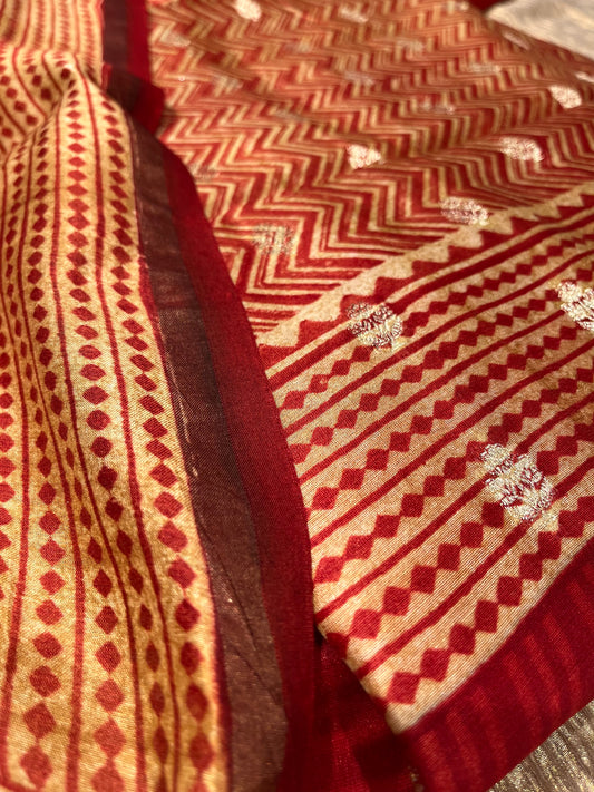 RED COLOUR CHANDERI SILK PRINTED UNSTITCHED SUIT