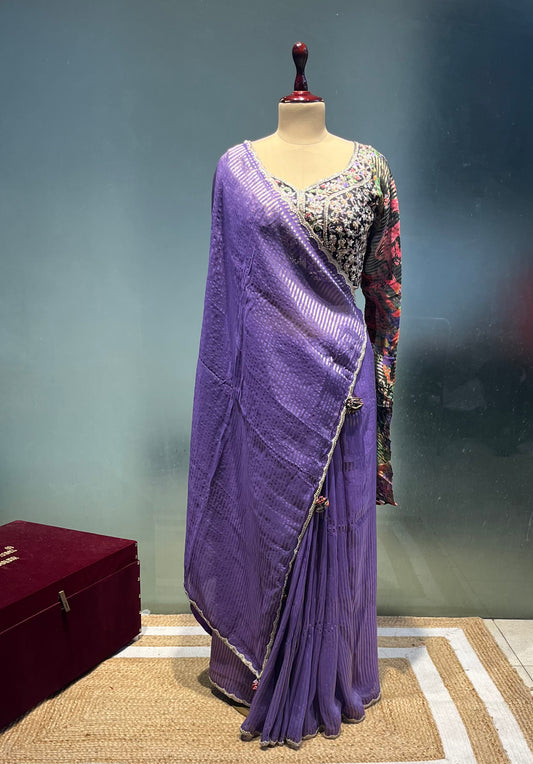 PURPLE COLOUR GEORGETTE TISSUE SAREE WITH READYMADE BLOUSE  EMBROIDERED WITH  BEADS & SEQUINS WORK