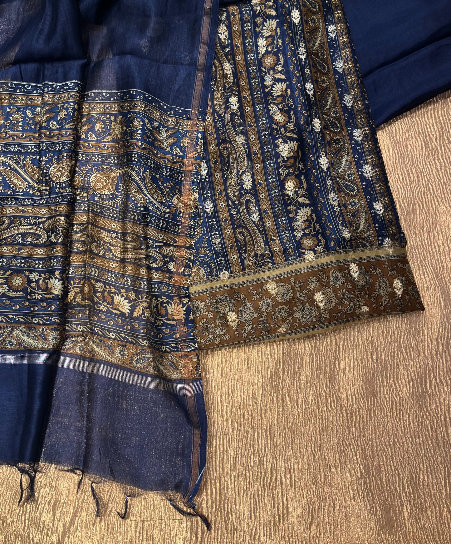 BLUE COLOUR CHANDERI SILK PRINTED UNSTITCHED SUIT