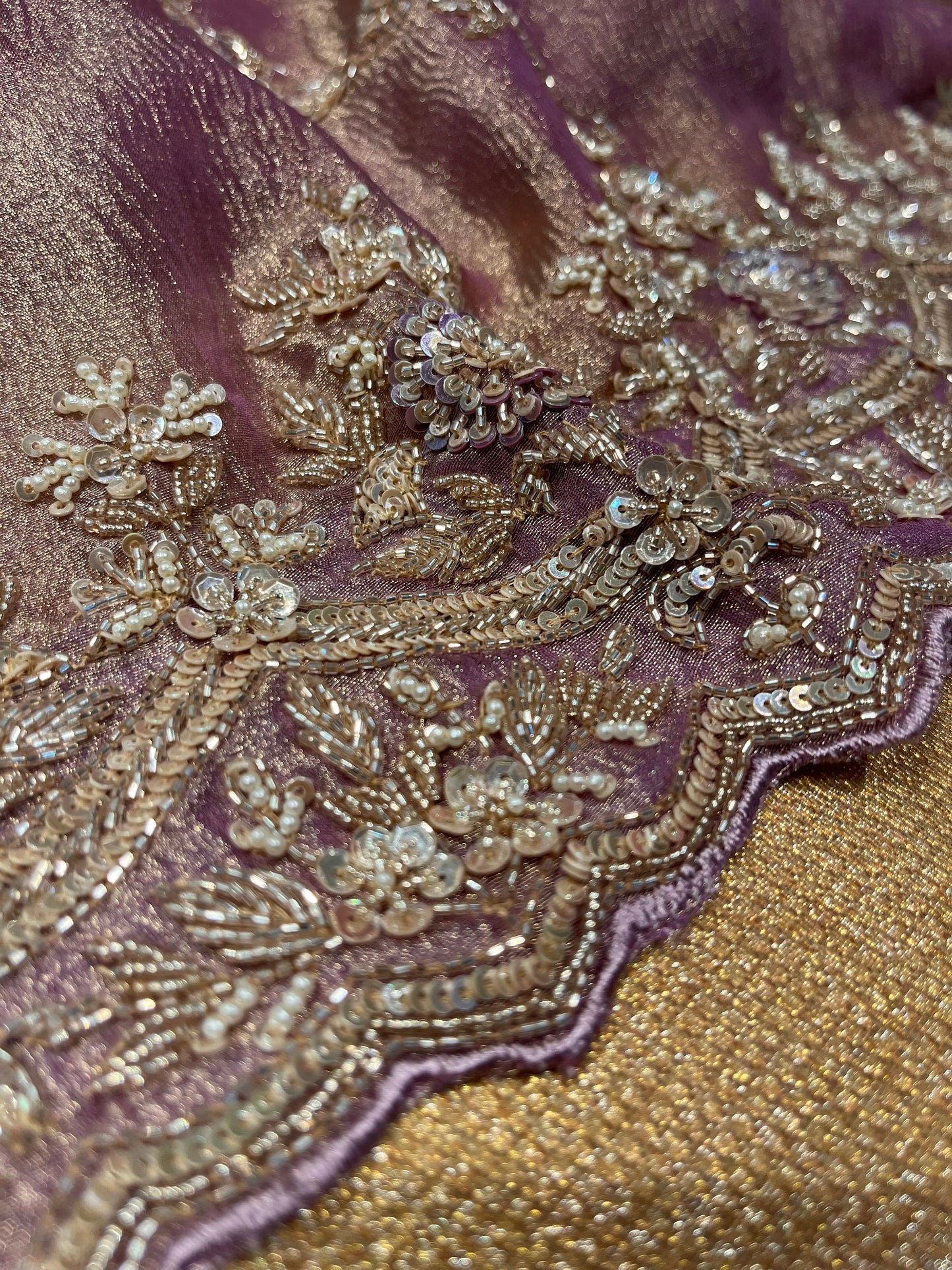 PURPLE COLOUR CRUSHED TISSUE EMBROIDERED SAREE EMBELLISHED WITH CUTDANA & SEQUINS WORK