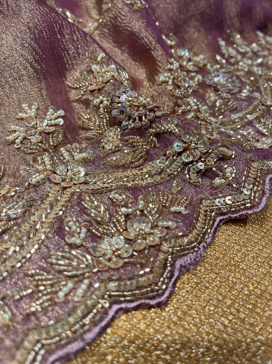 ( DELIVERY IN 20-25 DAYS ) PURPLE COLOUR CRUSHED TISSUE EMBROIDERED SAREE EMBELLISHED WITH CUTDANA & SEQUINS WORK