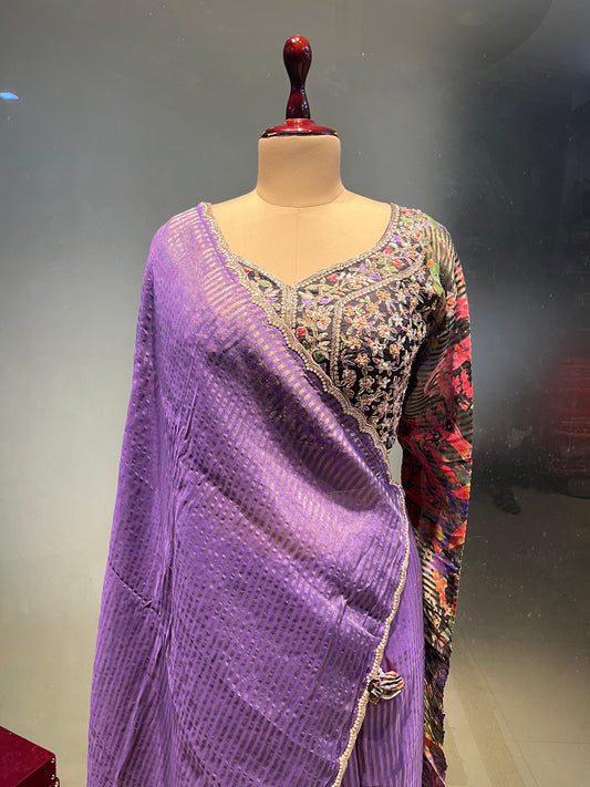 PURPLE COLOUR GEORGETTE TISSUE SAREE WITH READYMADE BLOUSE  EMBROIDERED WITH  BEADS & SEQUINS WORK