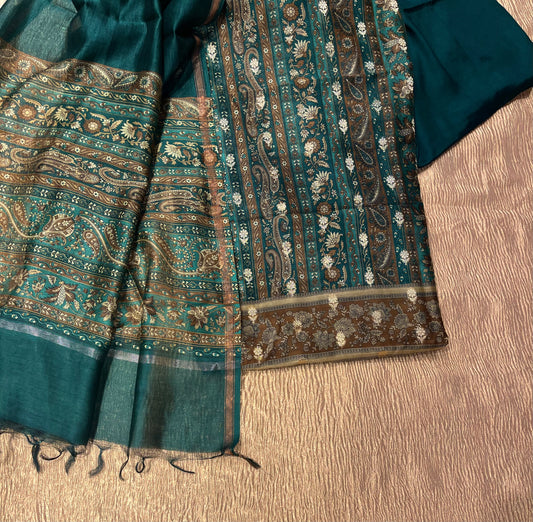 GREEN COLOUR CHANDERI SILK PRINTED UNSTITCHED SUIT