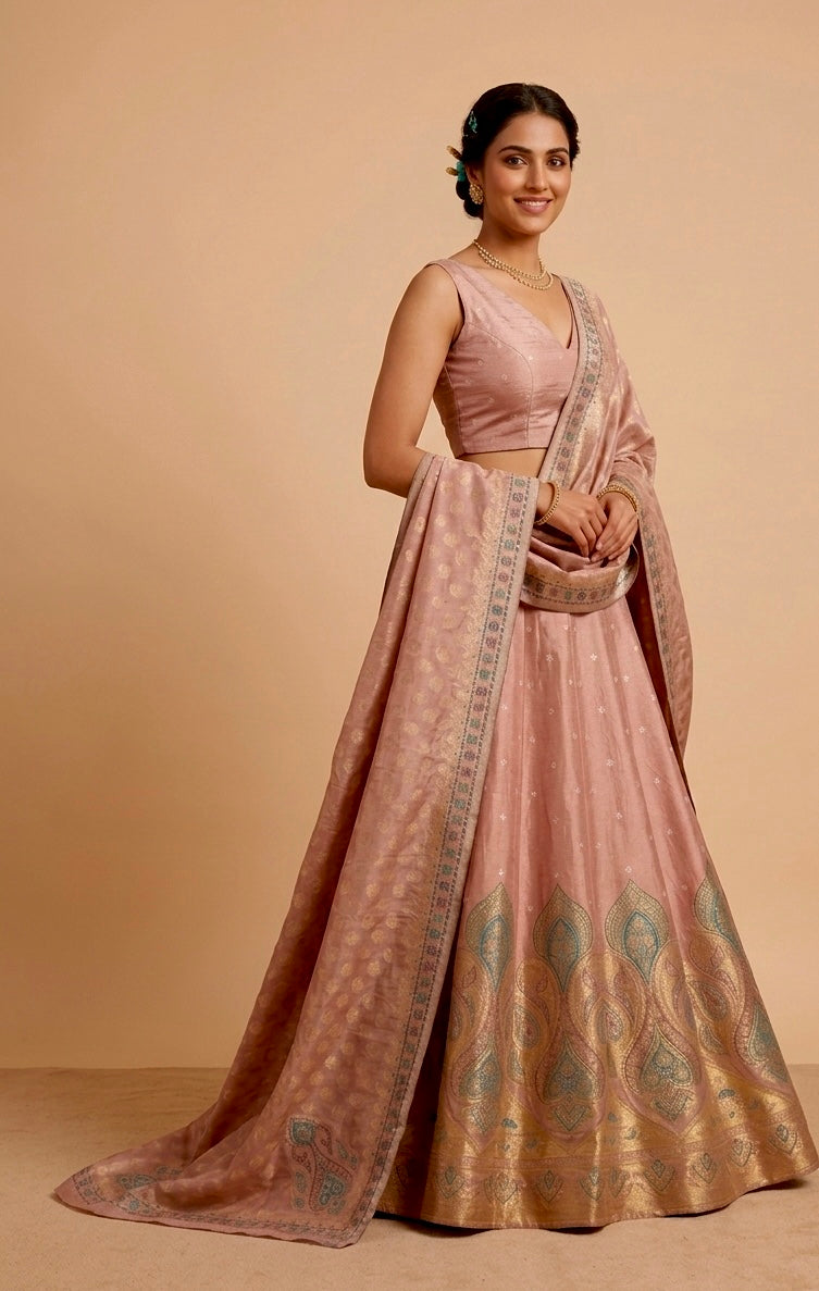 BLUSH PINK BANARASI LEHENGA WITH DUPATTA & MONOTONE UNSTITCHED BLOUSE