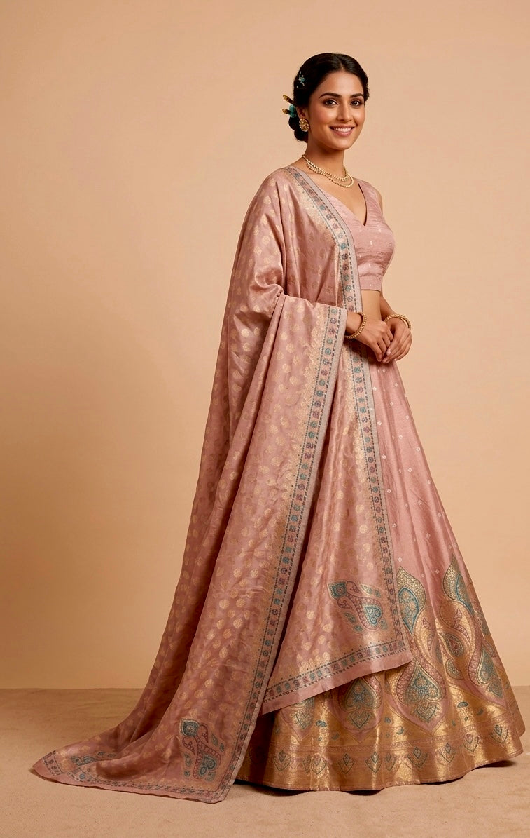 BLUSH PINK BANARASI LEHENGA WITH DUPATTA & MONOTONE UNSTITCHED BLOUSE