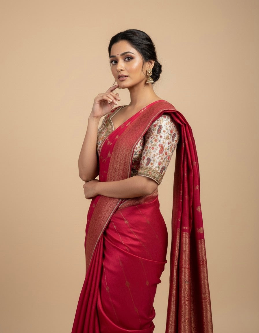 RANI COLOUR PLANT-BASED SILK SAREE WITH WOVEN ZARI BORDER, BOOTIES, PALLA & KASHMIRI KANI READYMADE BLOUSE