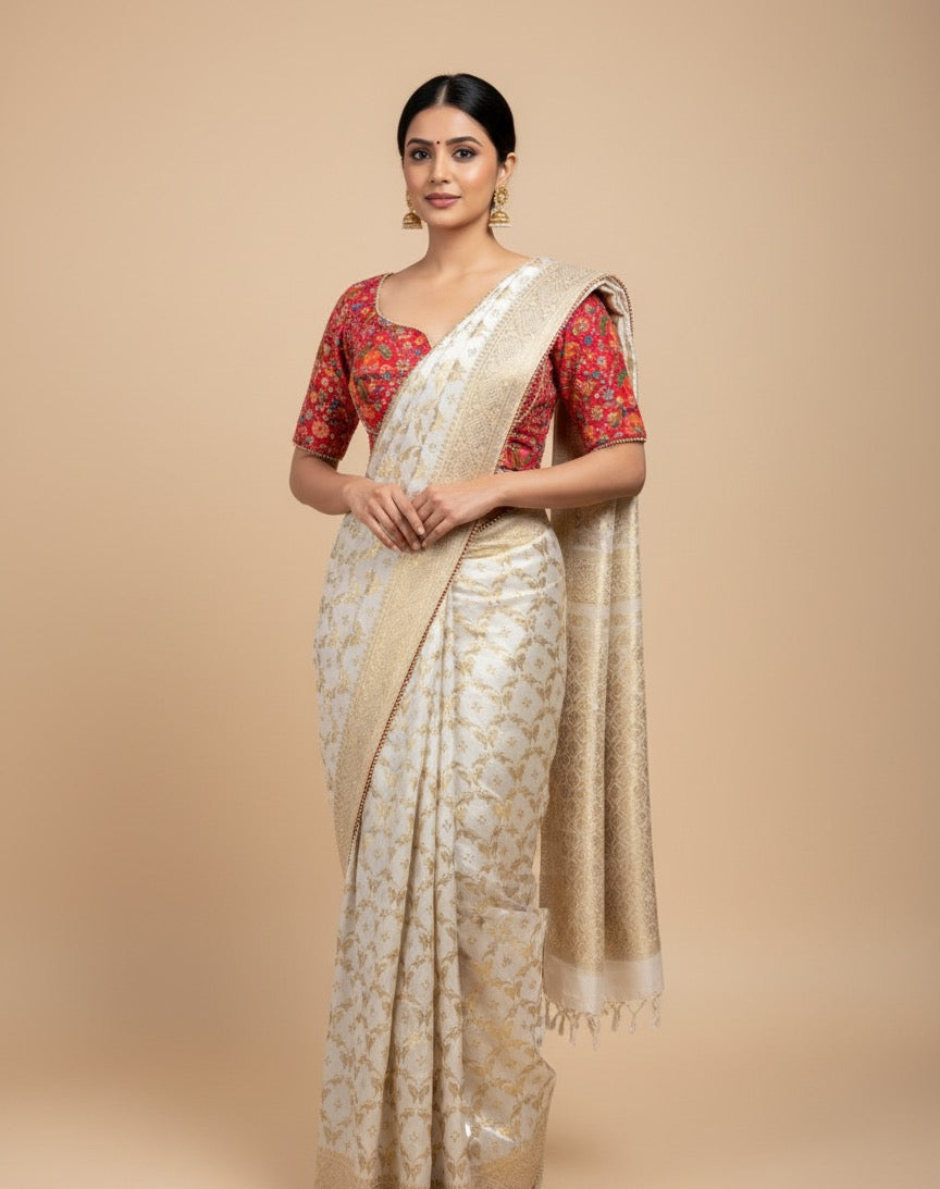 IVORY COLOUR ZARI WOVEN JAAL PLANT-BASED SILK SAREE WITH READYMADE RANI COLOUR KASHMIRI KANI BLOUSE