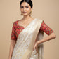 IVORY COLOUR ZARI WOVEN JAAL PLANT-BASED SILK SAREE WITH READYMADE RANI COLOUR KASHMIRI KANI BLOUSE