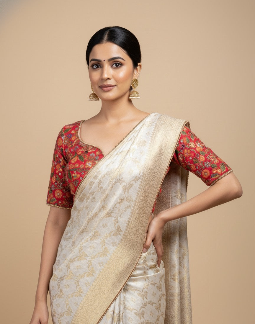 IVORY COLOUR ZARI WOVEN JAAL PLANT-BASED SILK SAREE WITH READYMADE RANI COLOUR KASHMIRI KANI BLOUSE