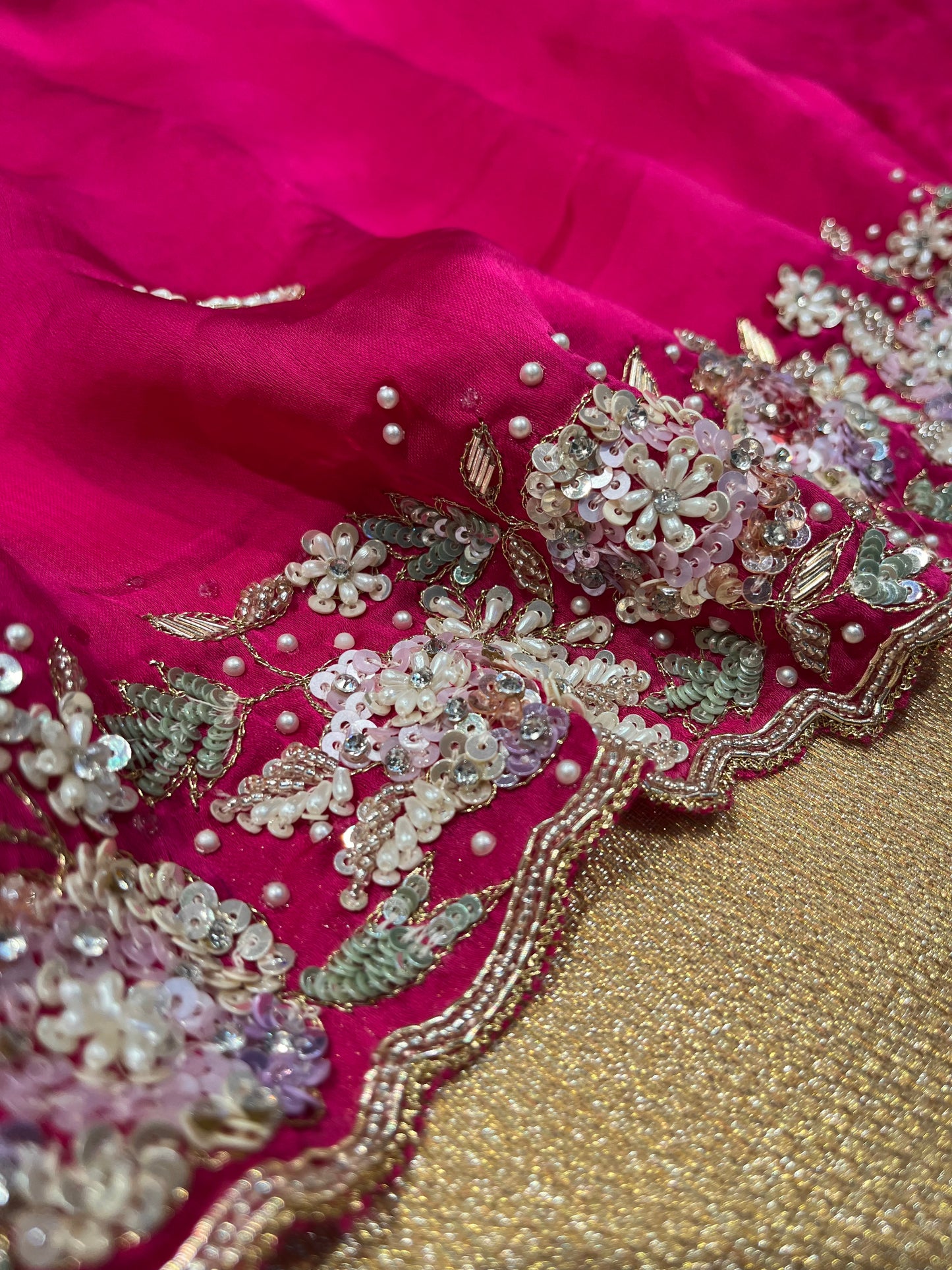 RANI COLOUR SATIN SILK EMBROIDERED SAREE EMBELLISHED WITH CUTDANA, SEQUINS & BEAD WORK