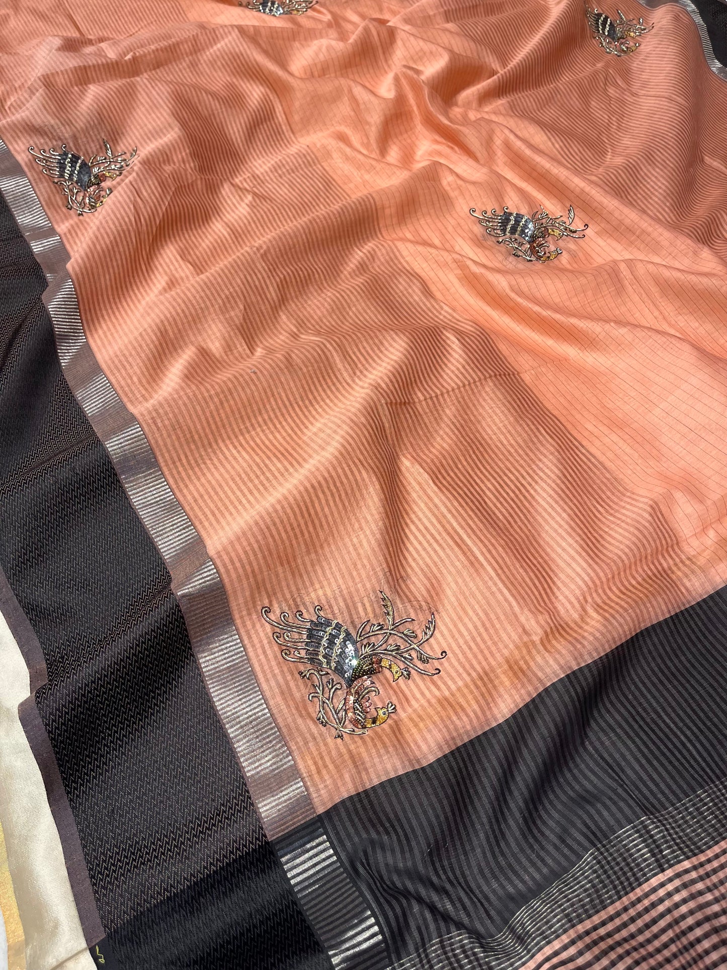 PEACH COLOUR MAHESHWARI HAND EMBROIDERED SAREE EMBELLISHED WITH SEQUINS & ZARDOZI WORK