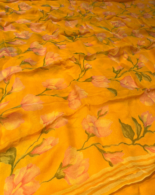 MUSTARD COLOUR PRINTED CHIFFON SAREE (30gm) ( DELIVERY IN 15-20 DAYS ) - Kothari Sons