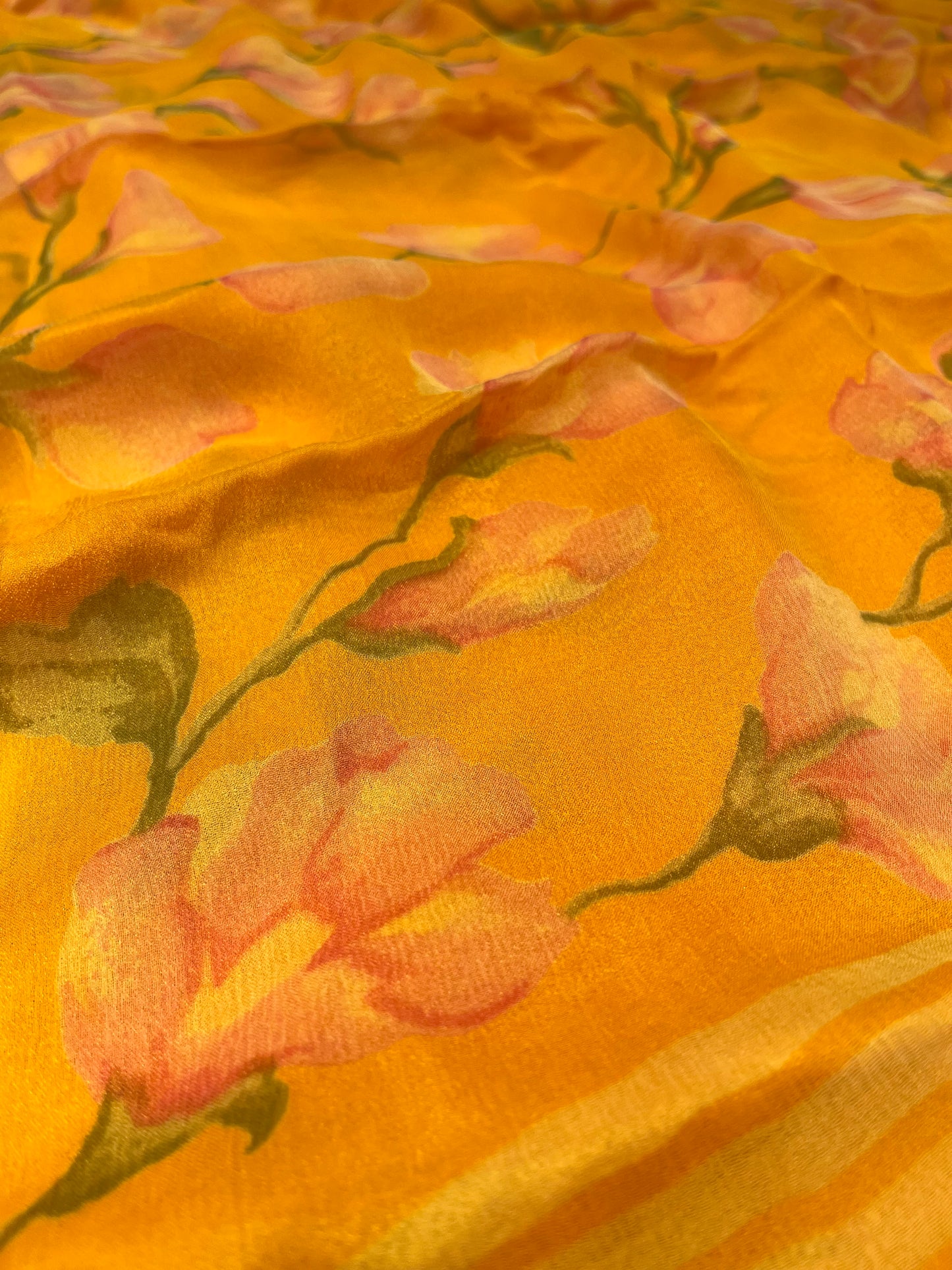 MUSTARD COLOUR PRINTED CHIFFON SAREE (30gm) ( DELIVERY IN 15-20 DAYS ) - Kothari Sons