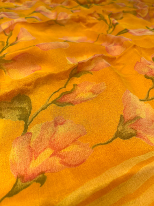 MUSTARD COLOUR PRINTED CHIFFON SAREE (30gm) ( DELIVERY IN 15-20 DAYS ) - Kothari Sons